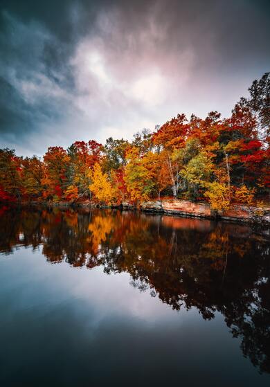 Autumn Park With Calm Pond And Colorful Trees