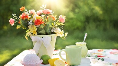 Beautiful Flower with Tea Morning on Table