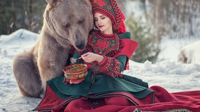 Big Bear Animal Sitting With Girl HD Wallpaper