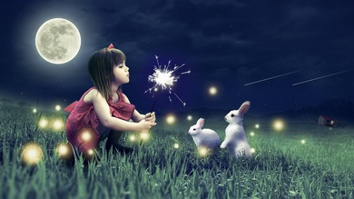 Cute Girl With Rabbits at Night