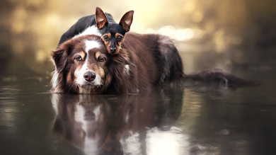 Cute Helping Dog on The River