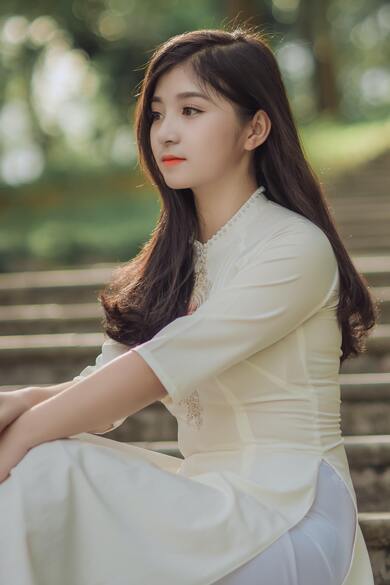 Cute Korean Girl Sitting on Stairs