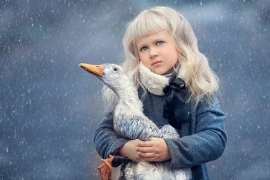 Geese Bird with Cute Baby Girl