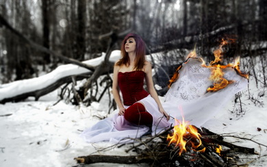 Girl Enjoying Bonfire in Snowy Season