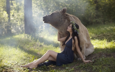 Girl Sitting Near Bear HD Wallpaper