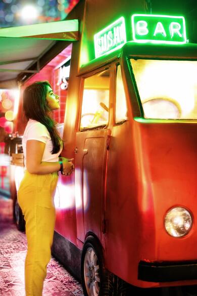 Girl Standing Near Food Truck Wallpaper