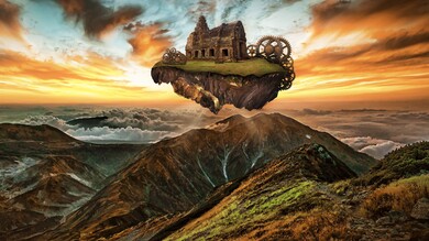 Mountains Building Engine Gears Steampunk Creative 4K Wallpaper