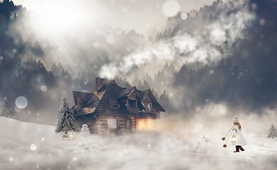 Winter Home with Bokeh and Girl