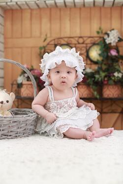 Baby Wearing White Headband And White Lace Floral Dress Sitting Beside Gray Wicker Basket