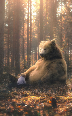 Bear Sitting With Cute Baby Creative Photo