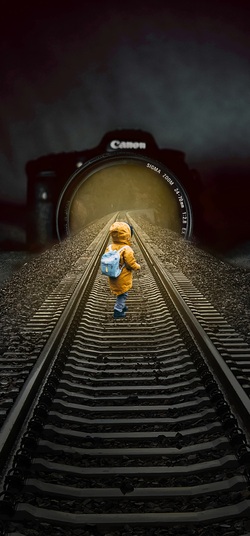 Cute Baby on Train Track Creative Mobile Pic