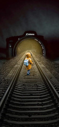 Cute Baby on Train Track Creative Mobile Pic