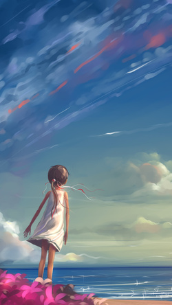 Little Anime Girl on a Beach Side