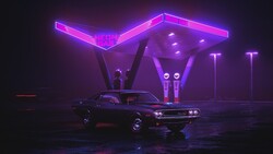 Neon Gas Station with Sedan Car 4K